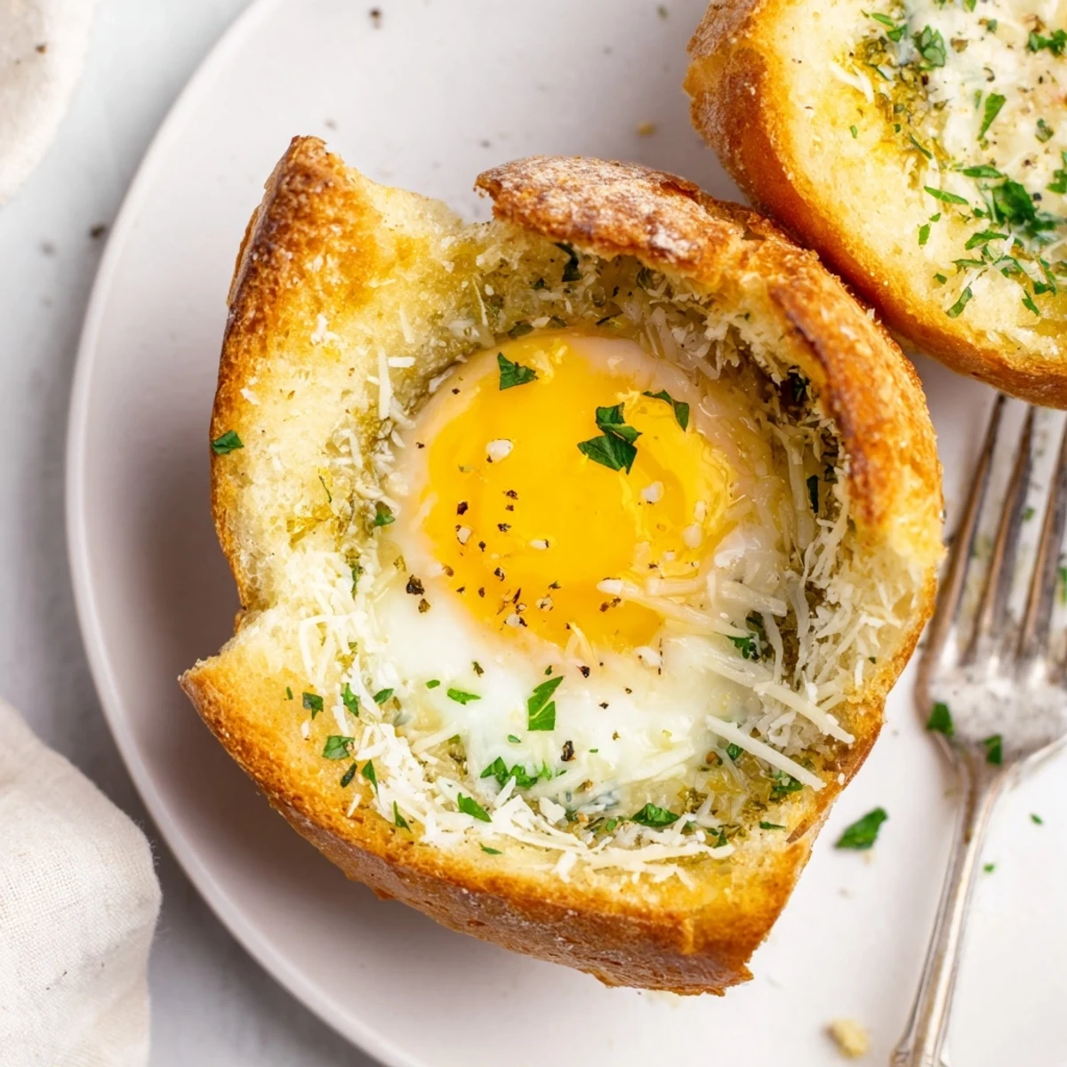 Lazy Garlic Bread Egg Cups, golden baked nests with runny yolks, chopped parsley.