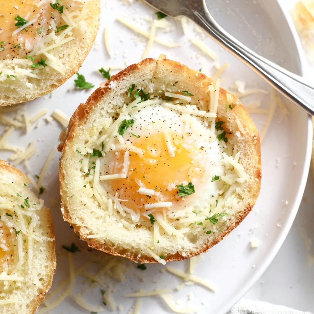 Warm Lazy Garlic Bread Egg Cups in muffin tin, buttery garlic aroma.