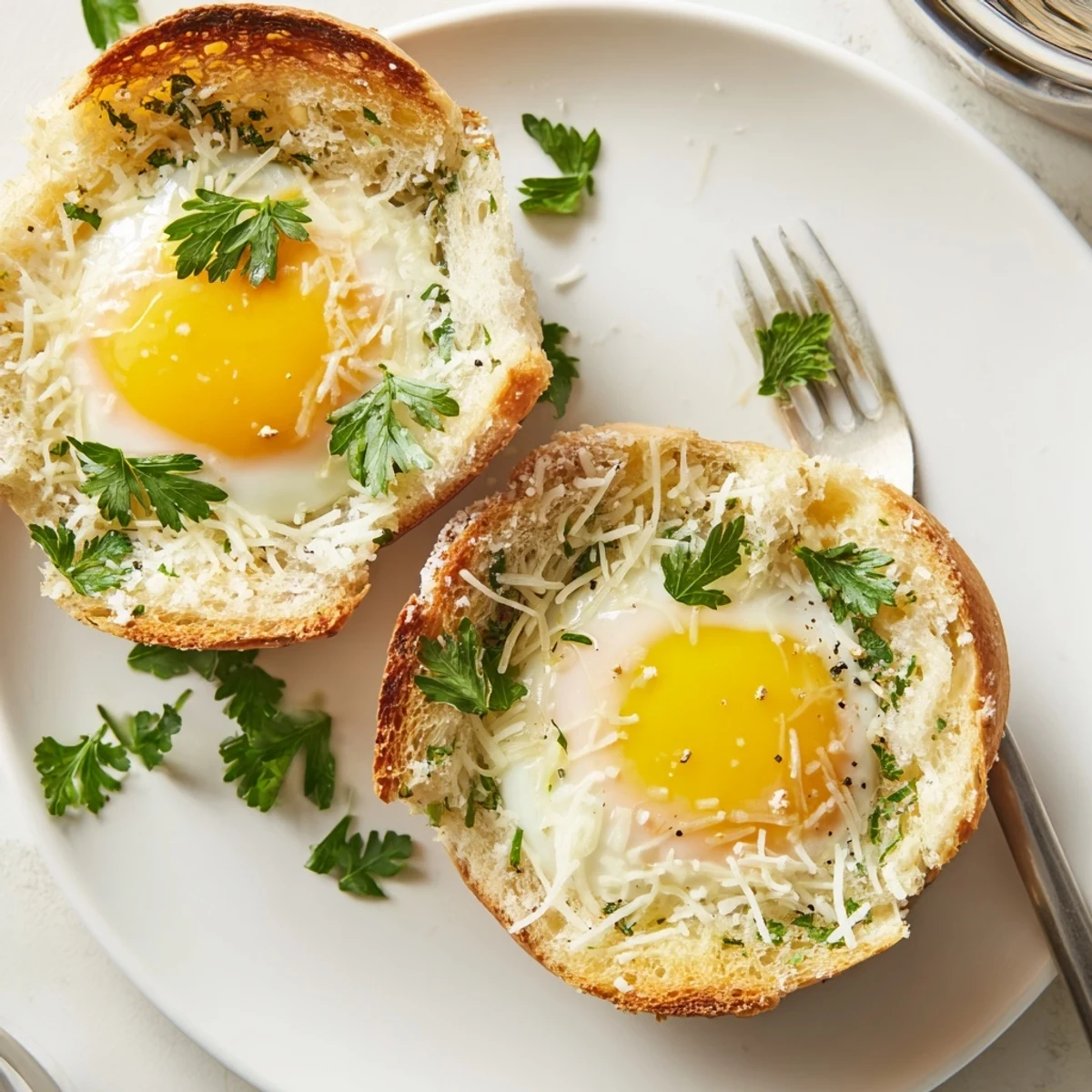 Serve Lazy Garlic Bread Egg Cups with fresh fruit, golden crisp edges.