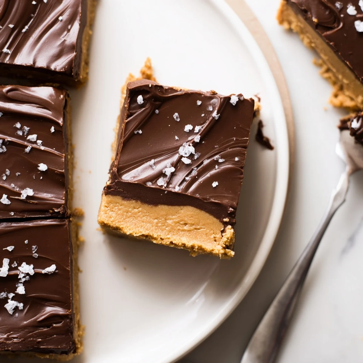 Pan of chilled No Bake Peanut Butter Bars sliced into gooey squares
