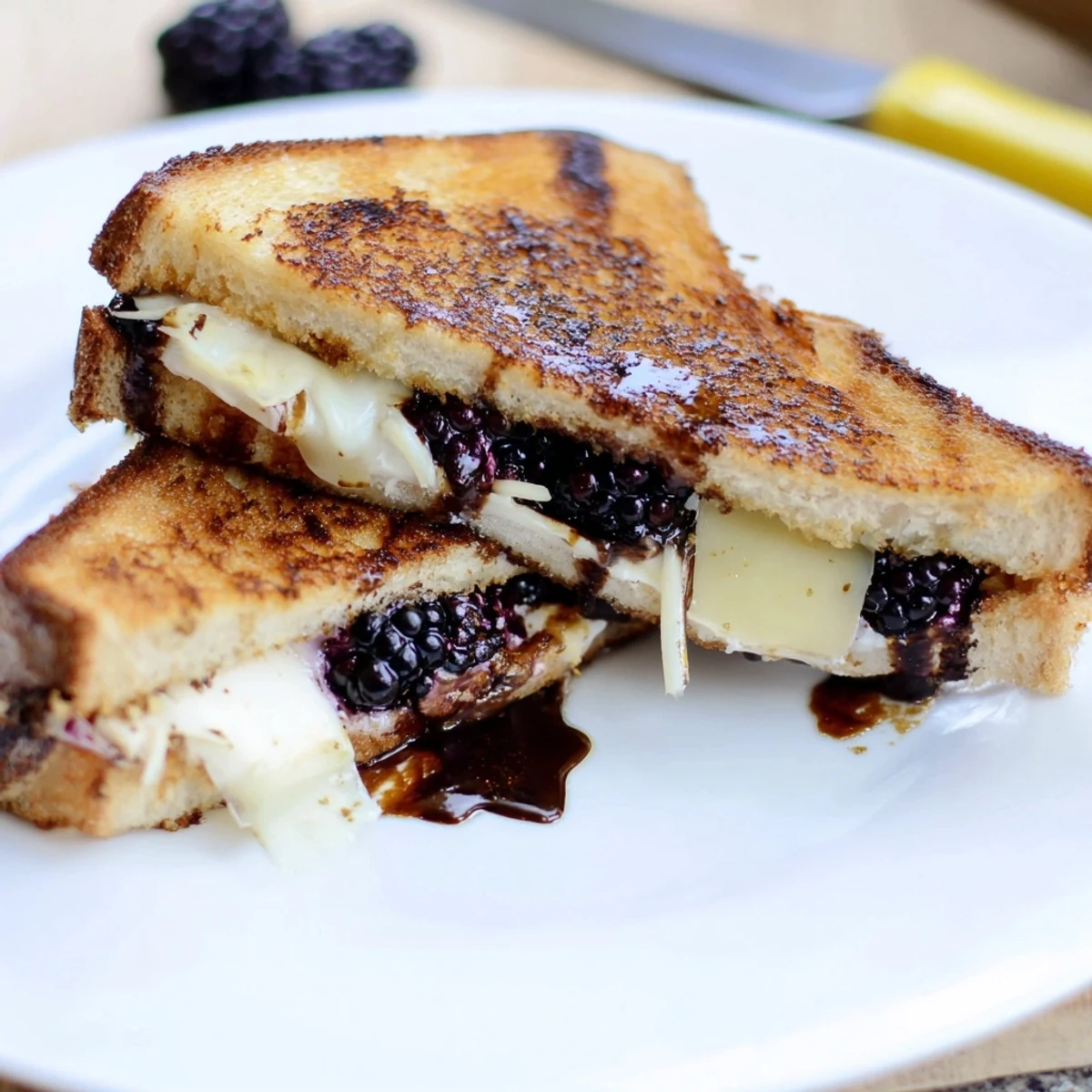 Golden toasted Balsamic Blackberry Bliss Grilled Cheese oozing melted cheeses.  
