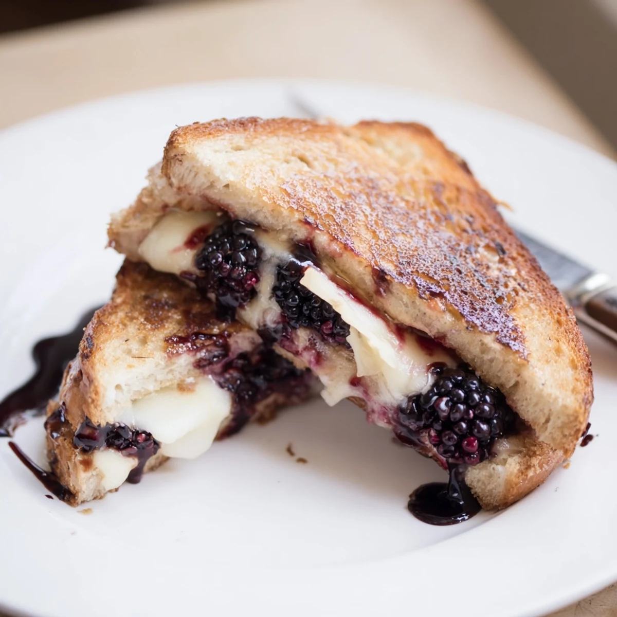 Warm Balsamic Blackberry Bliss Grilled Cheese sliced, juicy blackberries and golden crust.  