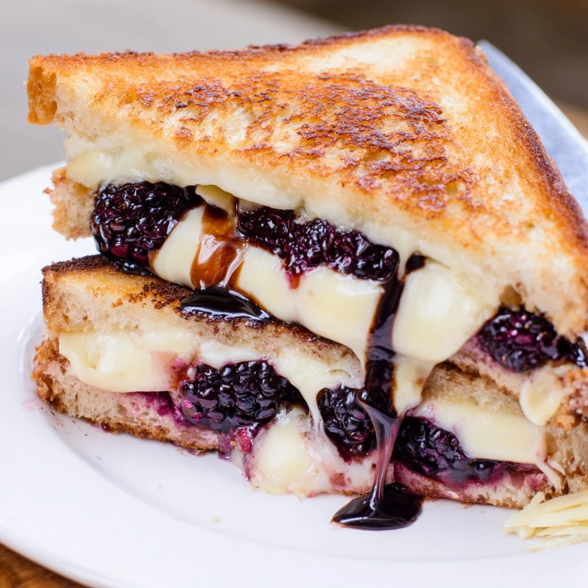 Skillet toasted Balsamic Blackberry Bliss Grilled Cheese served with fresh basil and wine.