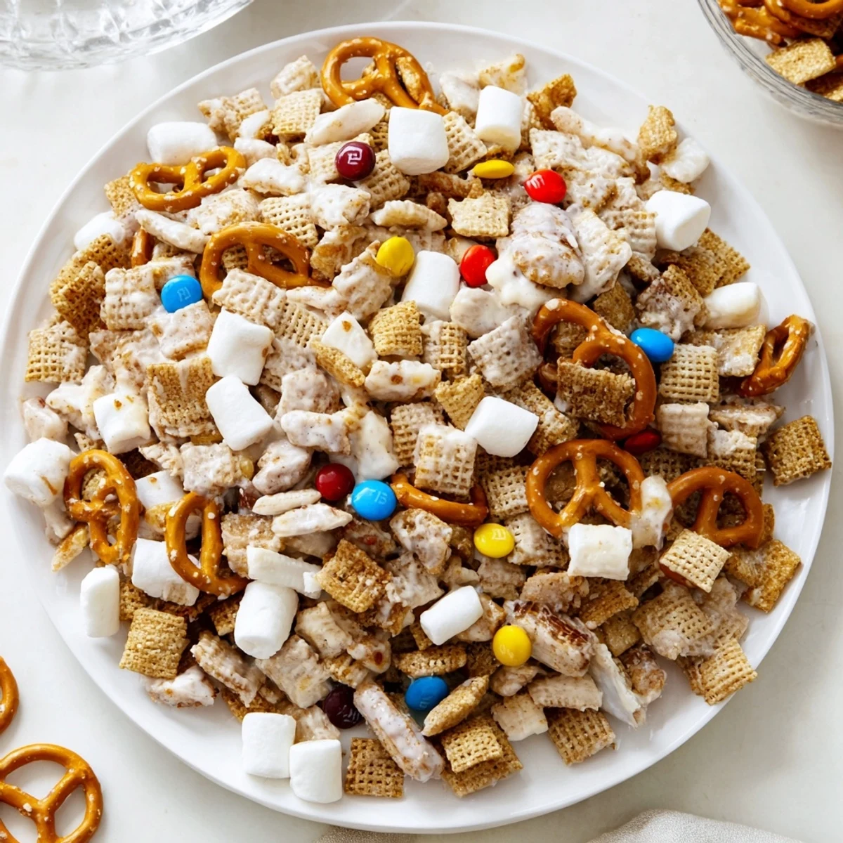 White Trash Snack Mix piled on parchment paper, glossy white chocolate coating  