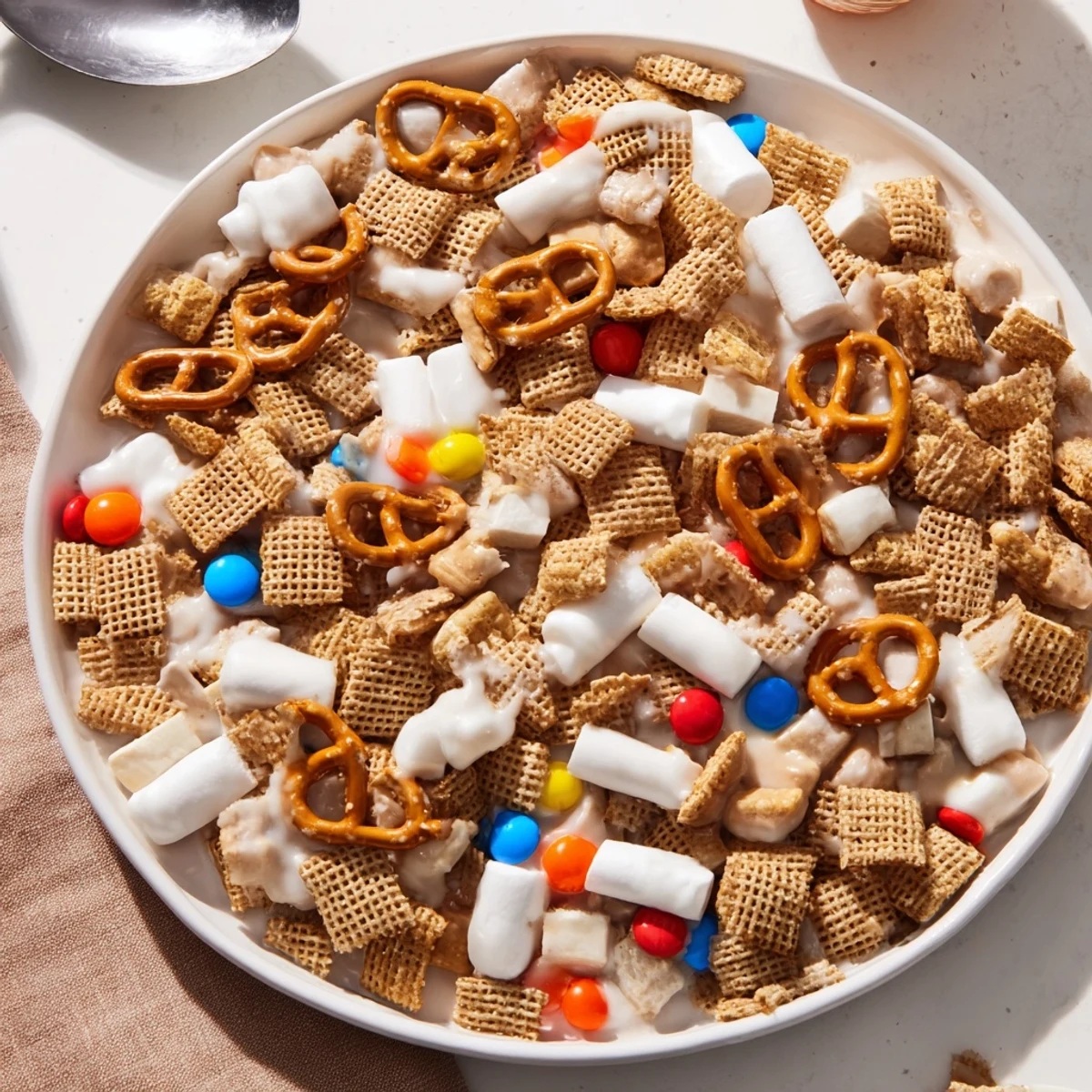 Crunchy White Trash Snack Mix studded with colorful candies and mini marshmallows  