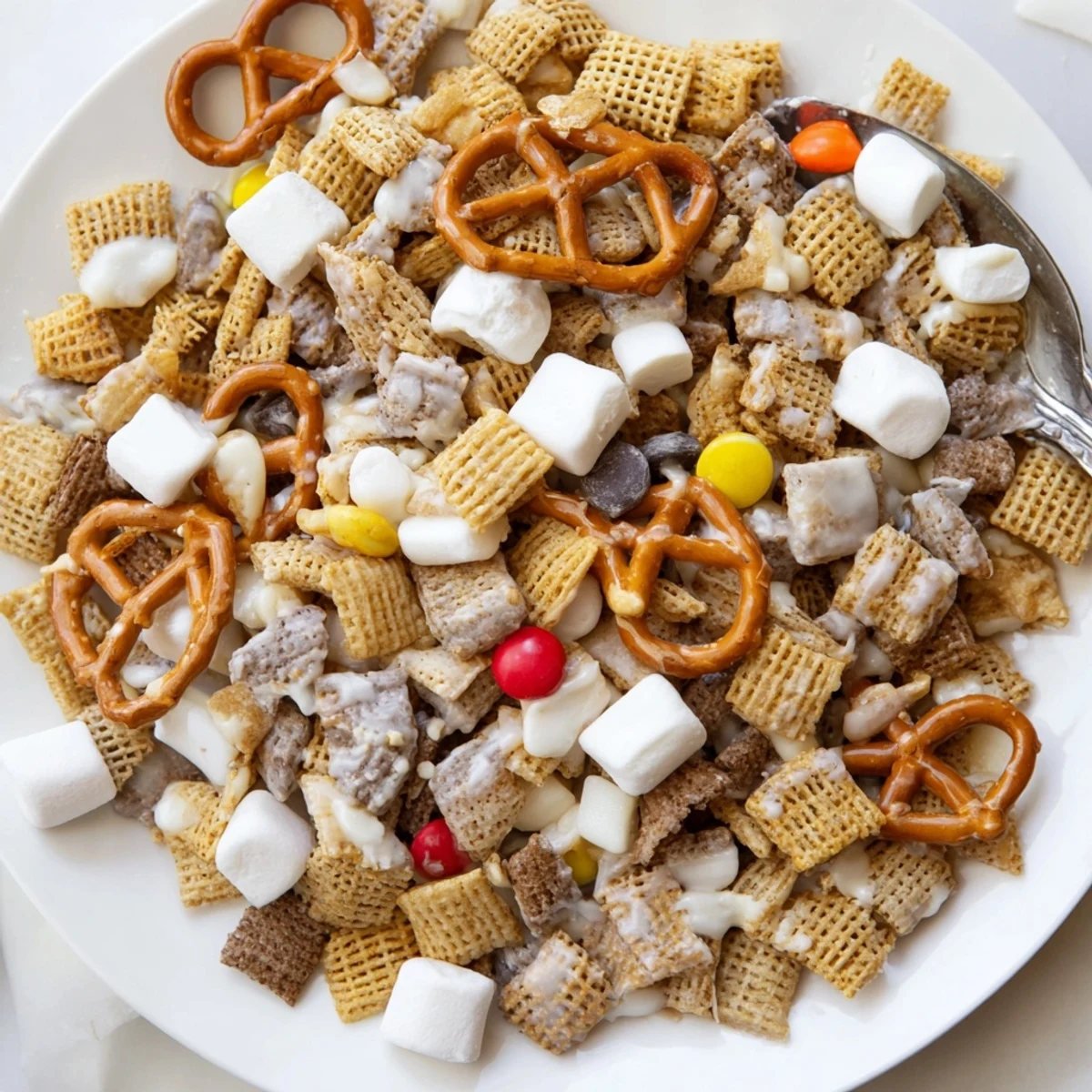 Sweet-salty White Trash Snack Mix broken into chunks for party bowls