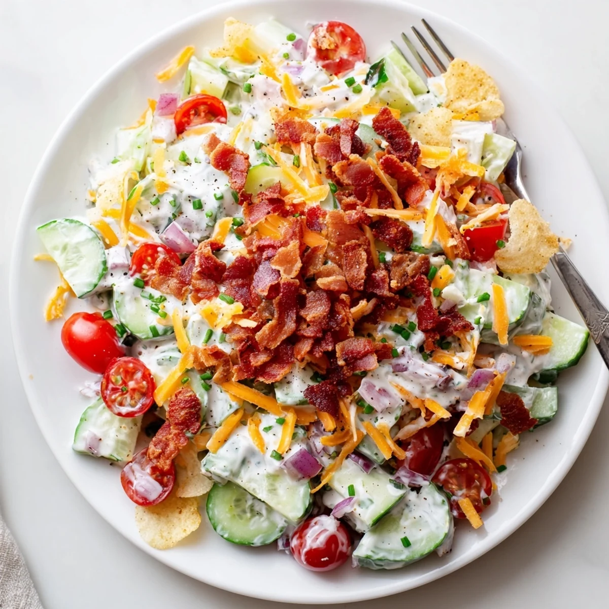 Cucumber Ranch Crack Salad piled high with crunchy chips and smoky bacon