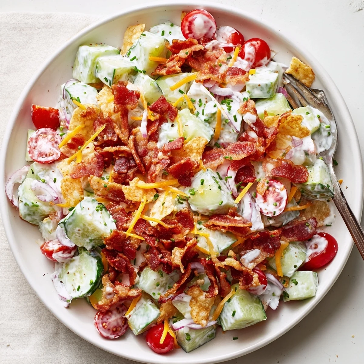 Bright Cucumber Ranch Crack Salad topped with crispy bacon and crushed chips