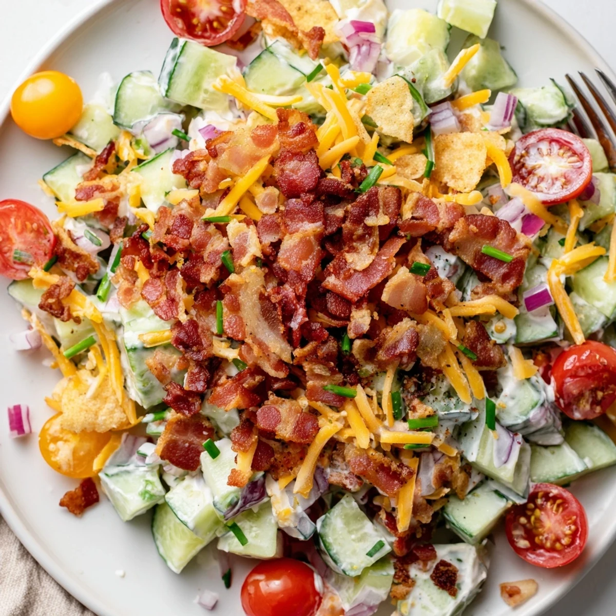 A bowl of Cucumber Ranch Crack Salad with tangy dressing, cheddar, chives