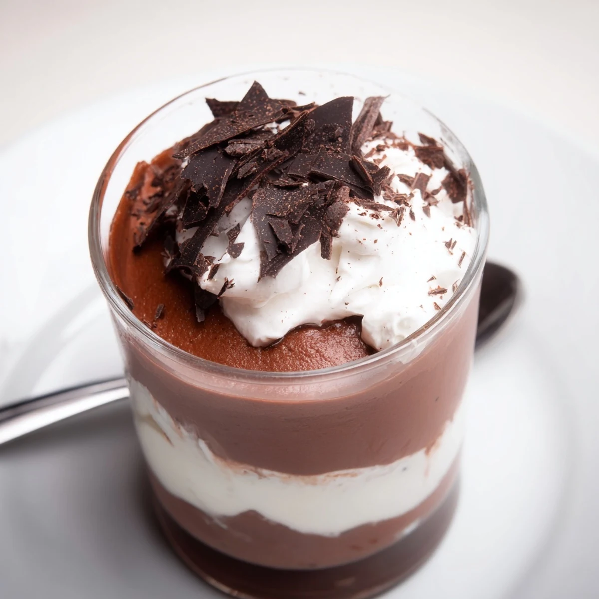Creamy Triple Chocolate Mousse Cups chilled in clear glasses, topped with shaved chocolate.