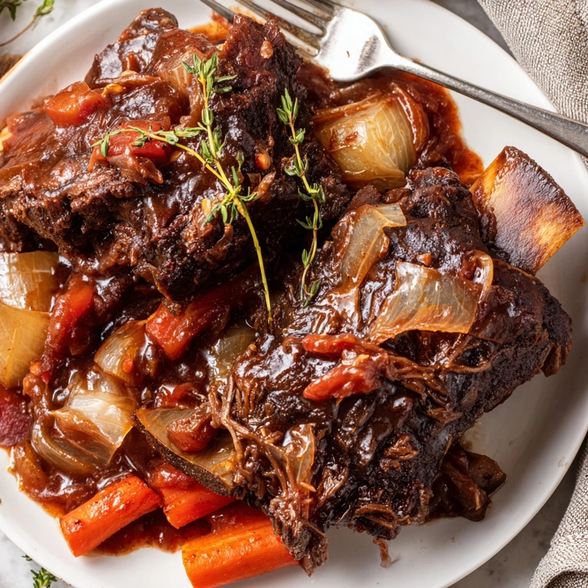 Slow Cooker Beef Short Ribs glistening in rich sauce over mashed potatoes