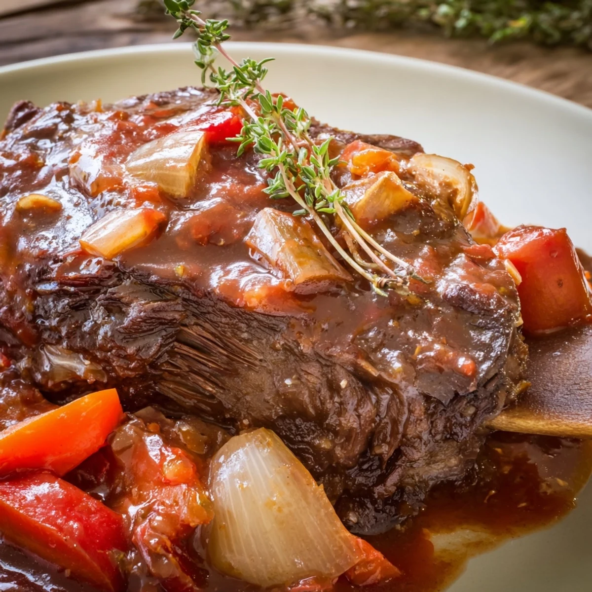 Herb-scented Slow Cooker Beef Short Ribs braised in red wine, crusty bread