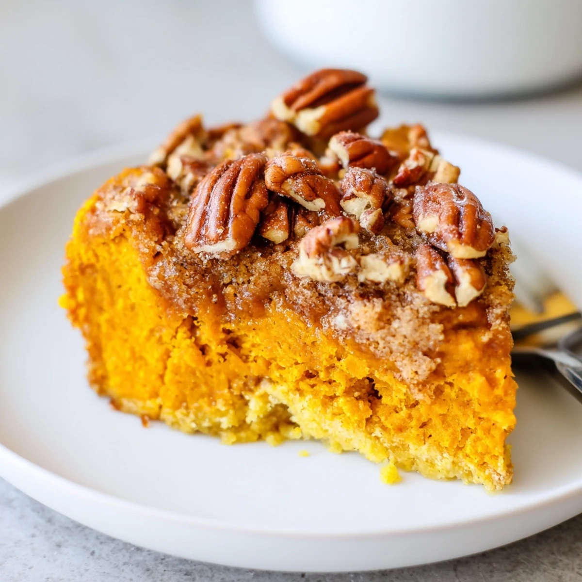 Slice of Pumpkin Dump Cake cooling on pan, spiced aroma hints