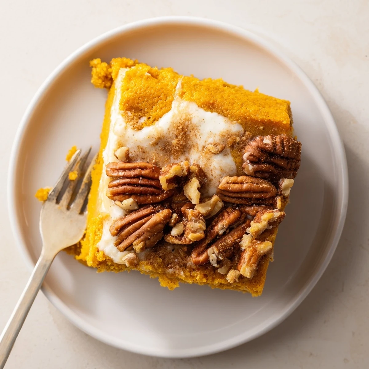 Warm Pumpkin Dump Cake with golden pecan crumble, steaming beside vanilla ice cream