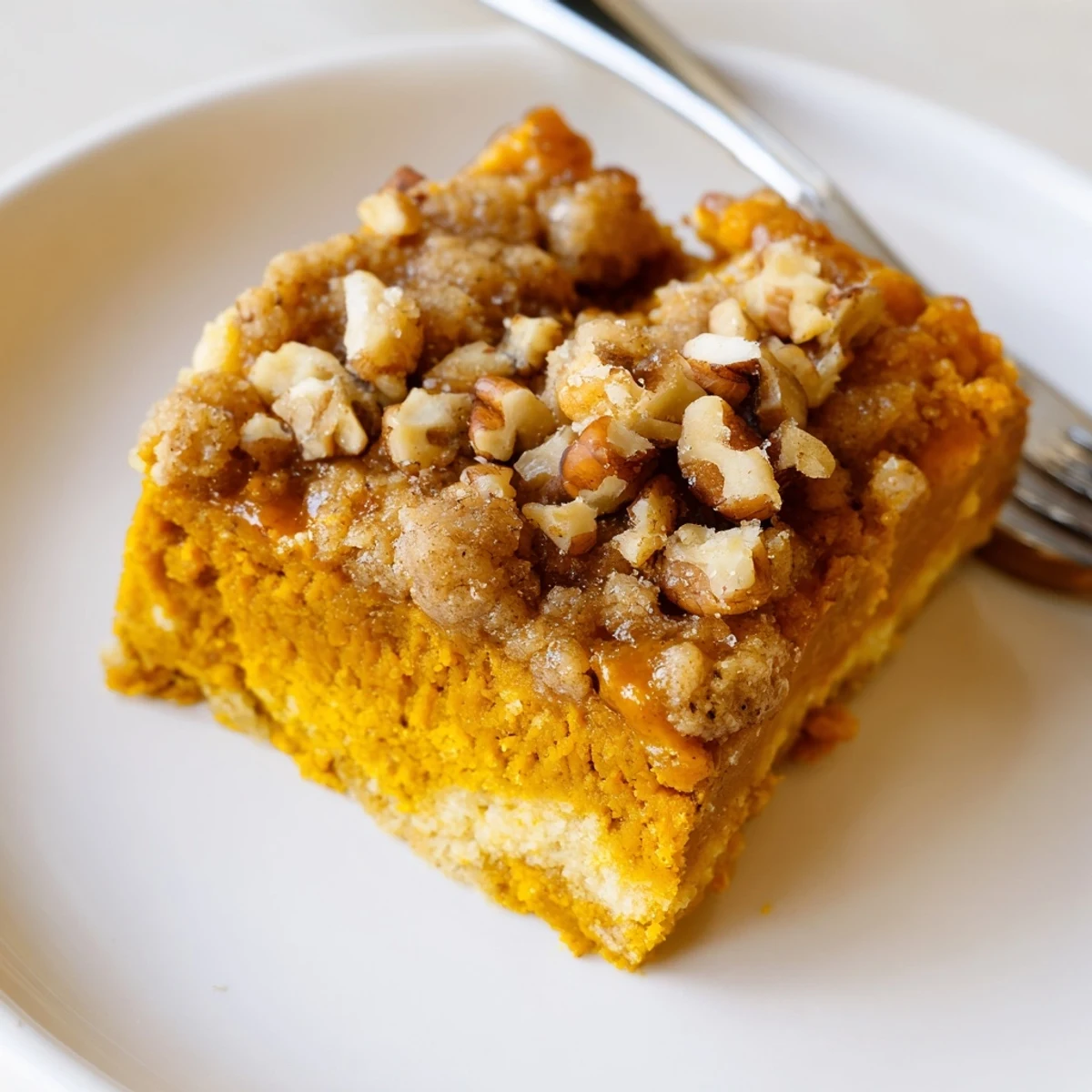Homestyle Pumpkin Dump Cake topped with toasted pecans, served warm with whipped cream