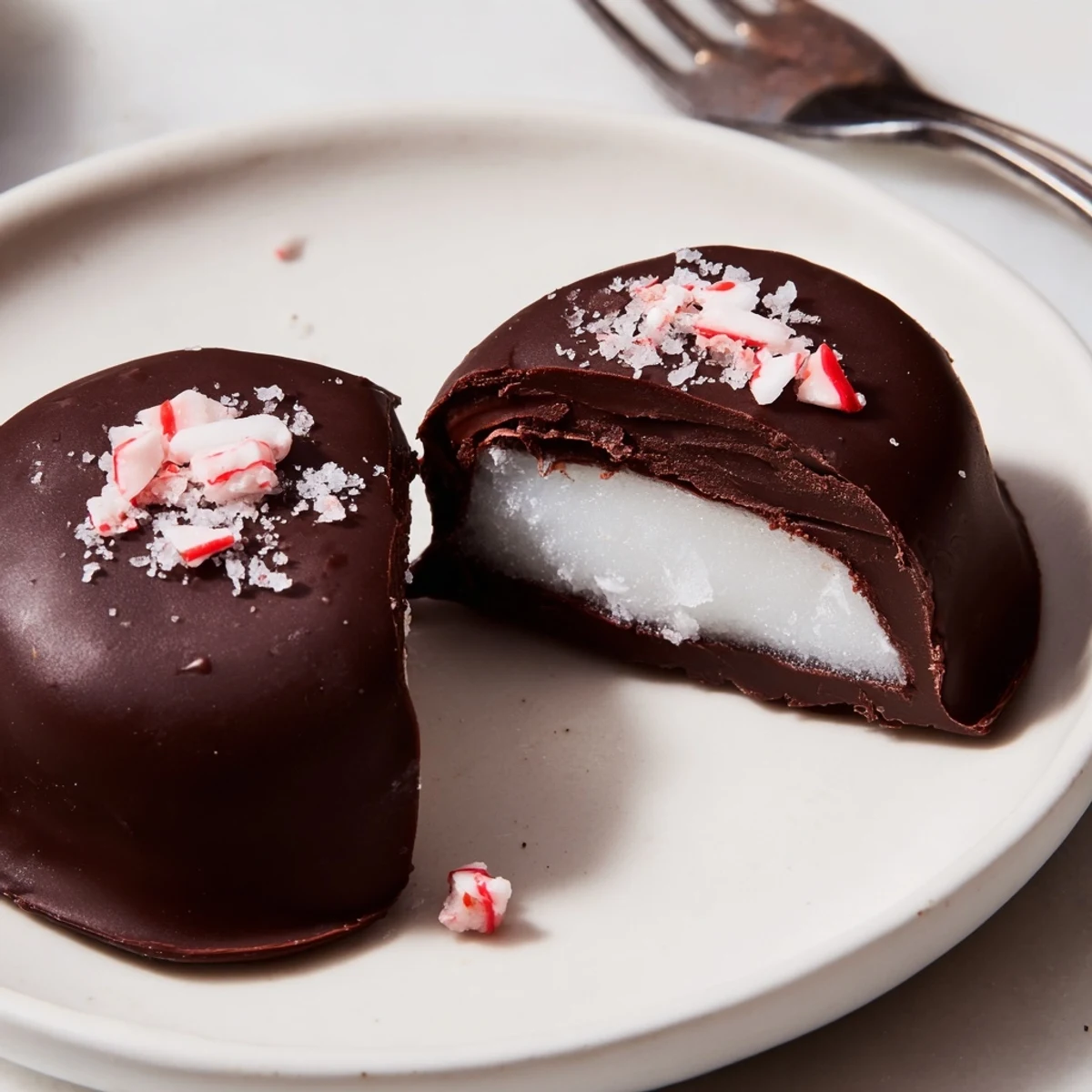 Peppermint Patties arranged on parchment, glossy dark chocolate, cooling on tray.