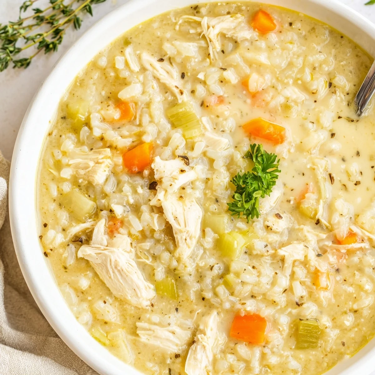 Creamy Chicken Rice Soup steaming in bowl, shredded chicken and silky broth.