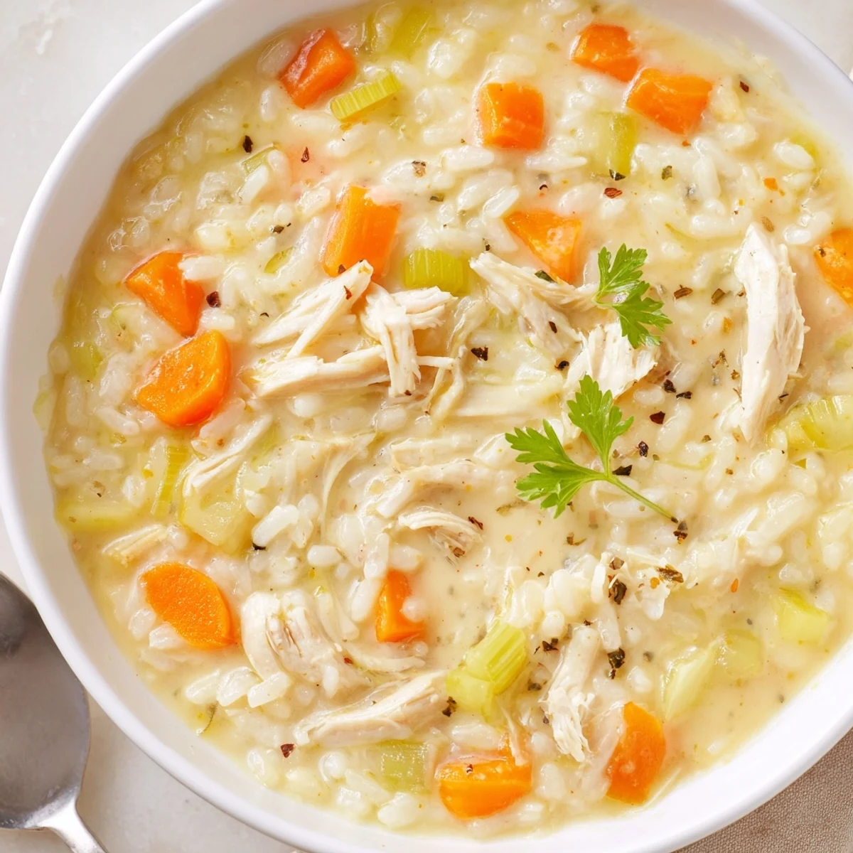 Serve Creamy Chicken Rice Soup hot with lemon squeeze and crusty bread.