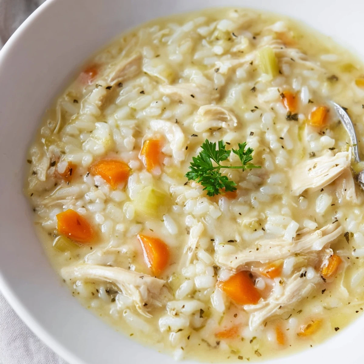 A bowl of Creamy Chicken Rice Soup sprinkled with parsley, comforting and rich.