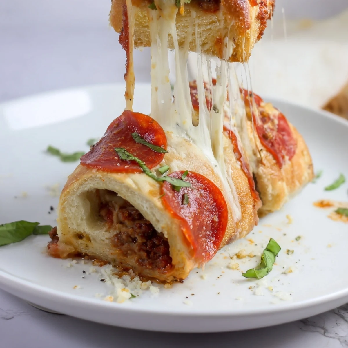 Cheesy Beef Pepperoni Pizza Roll Ups Snack Recipe bubbling golden, served with marinara.
