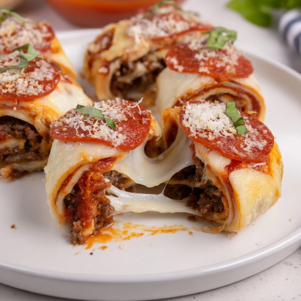 Cheesy Beef Pepperoni Pizza Roll Ups Snack Recipe cooling on sheet, sprinkled with basil.
