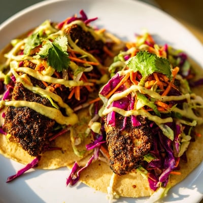 Succulent spicy fish tacos with crisp slaw and creamy sauce, served with lime wedges on a rustic wooden platter.