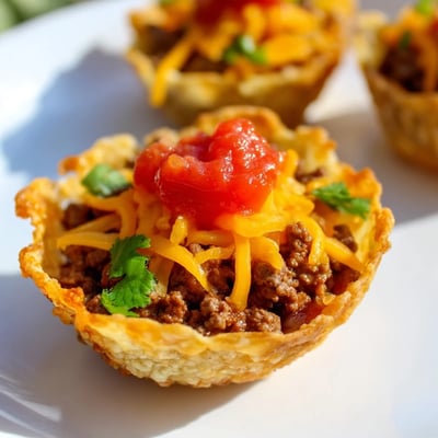 Savory seasoned ground beef fills these mini Taco Cups with Ground Beef and Cheese, ready for a party platter.