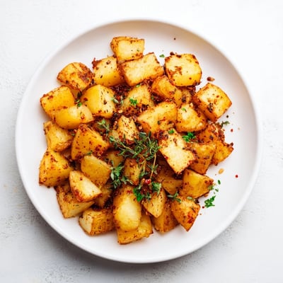 Golden brown potatoes with bold Cajun spices and fresh herbs on a white plate.