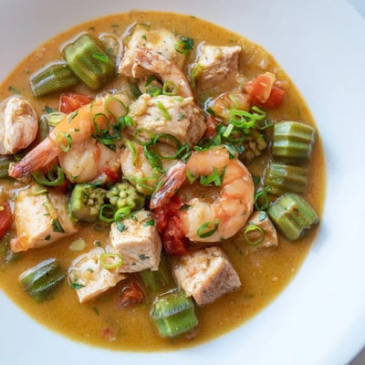 Freshly ladled Seafood Gumbo with Okra and Tomatoes showcases tender fish, okra slices, and diced tomatoes in a dark, rich broth.