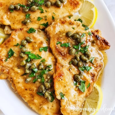 Tender chicken piccata cutlets are served alongside steamed vegetables and lemon wedges on a rustic dinner plate.  