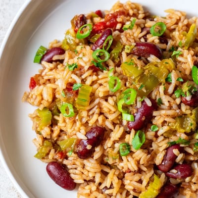 A festive pot of Mardi Gras rice and beans, simmering with bell peppers and spices.