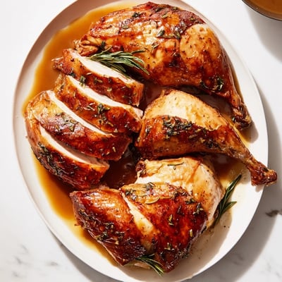 Juicy sliced Alternative Easter Roast Turkey served with rich homemade gravy and seasonal spring vegetables on a platter.