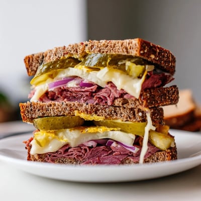 A freshly made Corned Beef Sandwich on Rye sits on a wooden board, garnished with shredded lettuce and a side of tangy mustard.  