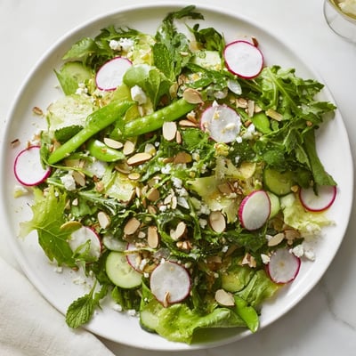 Fresh Spring Greens Salad with Lemon Vinaigrette features tender greens and crunchy vegetables dressed in bright, citrusy olive oil.  