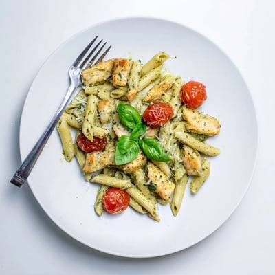 Twirled penne pasta tossed with tender chicken and vibrant green pesto cream sauce in a bowl